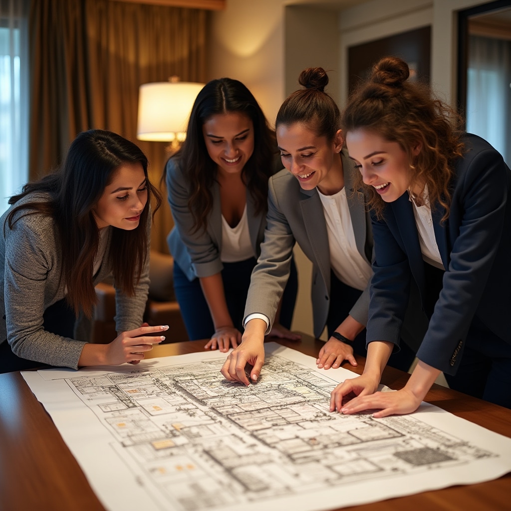 Group of diverse young professionals gathered around a table reviewing property development plans