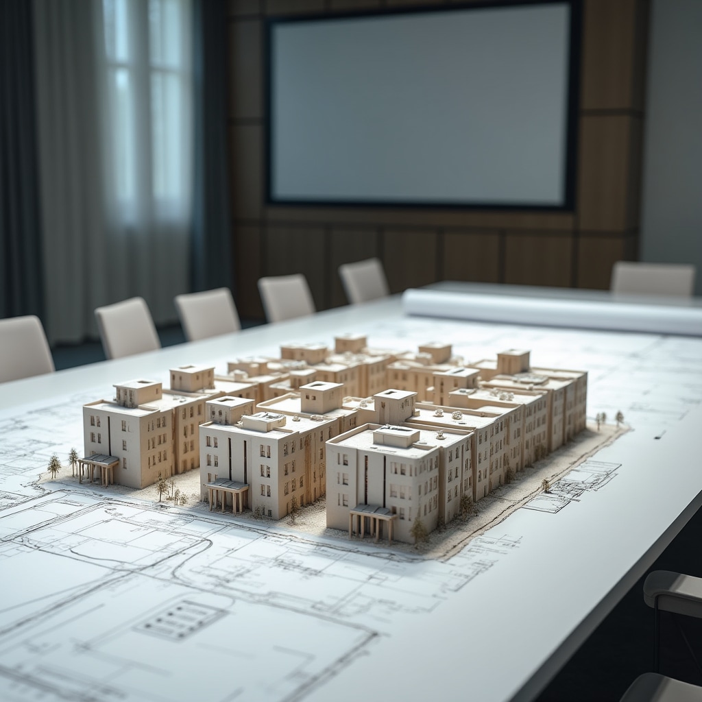 Architectural model of residential buildings on a conference table with planning documents
