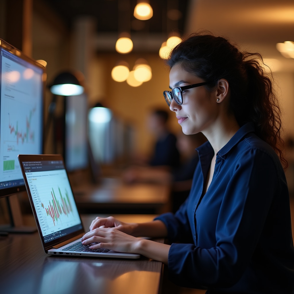 Person studying finance modules on a laptop in a modern workspace