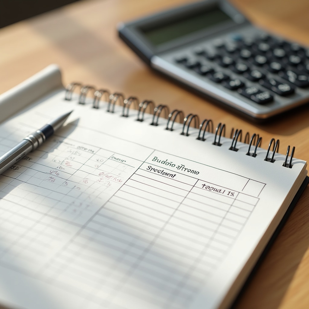 Open notebook with budget spreadsheet and calculator on a clean desk
