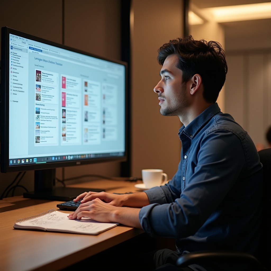 Modern desk setup with finance course material open on screen in a hotel business center