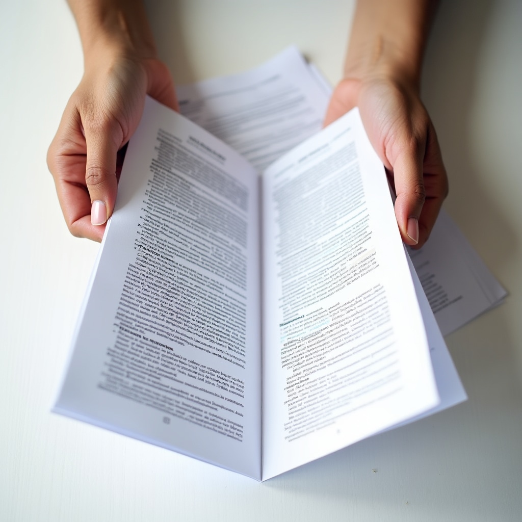 Hands of a person pointing to real estate contract pages spread on a bright wooden table