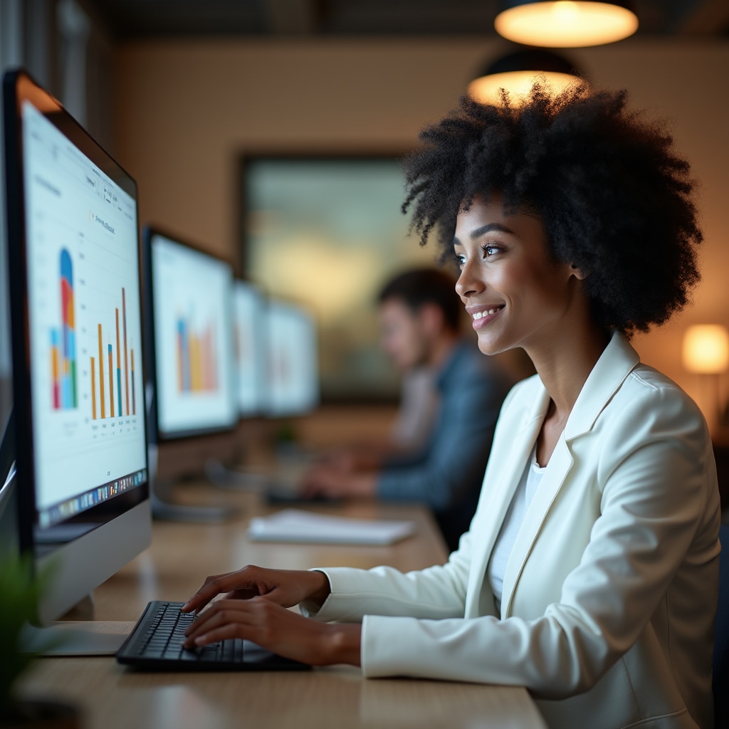 Young professional reviewing savings plan charts on a laptop screen in a bright office