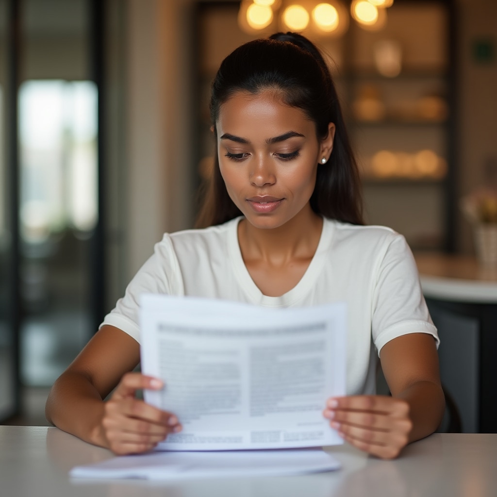 Young woman reading educational finance material at a clean hotel business center desk, focused expression