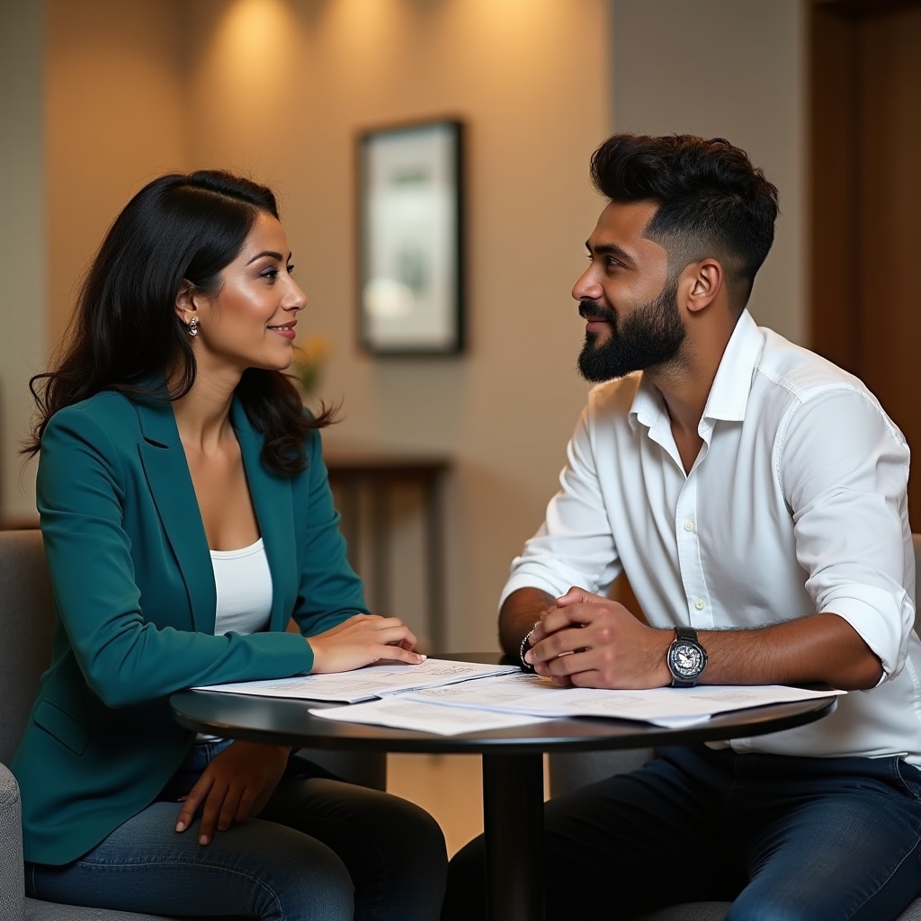 Two young professionals in casual-professional attire having an open discussion over course materials at a bright table